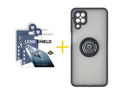 Pack 2 Películas de Cámara trasera + Funda SKYHE para Samsung Galaxy A12 5G Gel Bumper con Anillo Negro