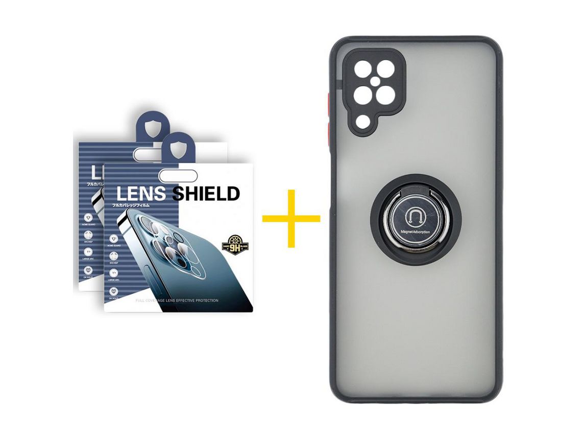 Pack 2 Películas de Cámara trasera + Funda SKYHE para Samsung Galaxy A12 5G Gel Bumper con Anillo Negro