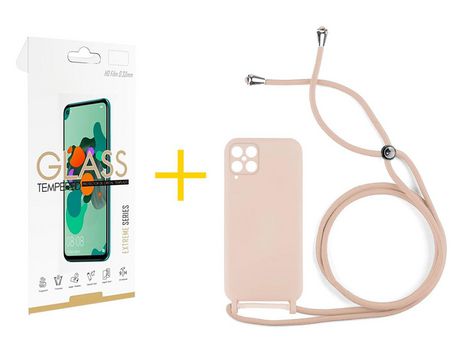 Pack 1 Película 2.5D + Funda SKYHE para Samsung Galaxy M22 Gel con Cordón Rosa Pastel