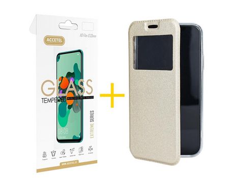 Pack 1 X Protector de Vidrio Templado 2.5D + Funda ACCETEL para Xiaomi 11T Pro Flip Cover Gandy Oro