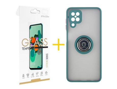 Pack 1 Película 2.5D + Funda SKYHE para Samsung Galaxy M12 Gel Bumper con Anillo Verde
