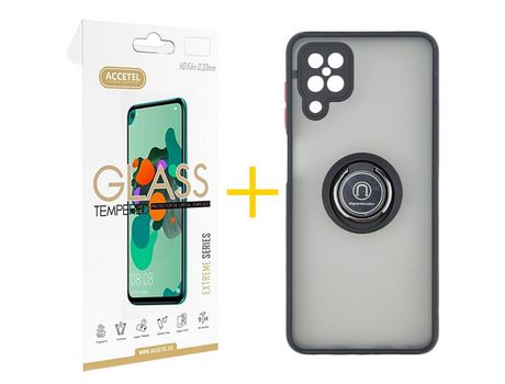 Pack 1 X Protector de Vidrio Templado 2.5D + Funda ACCETEL para Samsung Galaxy A12 5G Gel Bumper con Anillo Negro