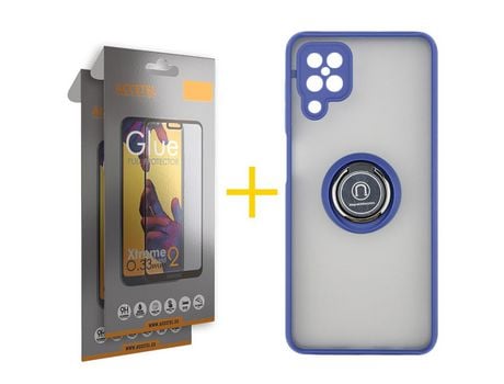 Pack 2 X Protector de Vidrio Templado Full + Funda ACCETEL para Samsung Galaxy A12 4G Gel Bumper con Anillo Azul