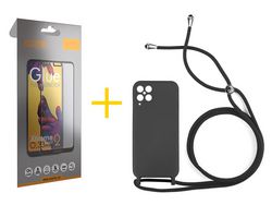 Pack 1 X Protector de Vidrio Templado Full + Funda ACCETEL para Samsung Galaxy M12 Gel con Cordón Negro