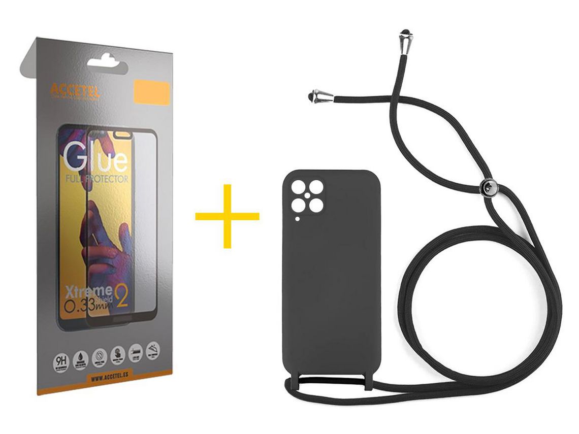 Pack 1 X Protector de Vidrio Templado Full + Funda ACCETEL para Samsung Galaxy M12 Gel con Cordón Negro