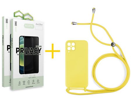 Pack 2 X Protector de Vidrio Templado Anti espía + Funda ACCETEL para Samsung Galaxy A12 5G Gel con Cordón Amarillo