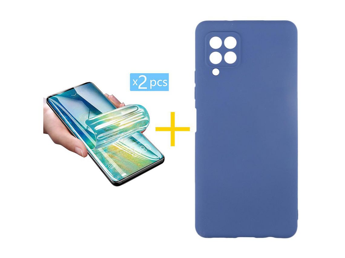 Pack 2 X Protector de Vidrio Templado Hidrogel + Funda ACCETEL para Samsung Galaxy M22 Silicona Líquida Azul