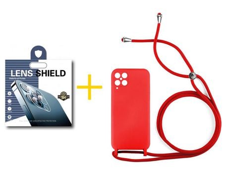 Pack 1 Película de Cámara trasera + Funda SKYHE para Samsung Galaxy M12 Gel con Cordón Rojo