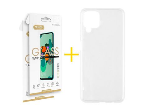 Pack 2 X Protector de Vidrio Templado 2.5D + Funda ACCETEL para Samsung Galaxy A12 5G Silicona Liso Transparente Clear