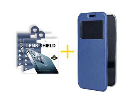 Pack 2 Películas de Cámara Trasera + Funda SKYHE para Apple iPhone 13 Pro Flip Cover Gandy Azul