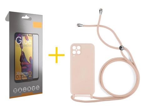 Pack 1 Película Full + Funda SKYHE para Samsung Galaxy M22 Gel con Cordón Rosa Pastel