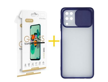 Pack 2 X Protector de Vidrio Templado 2.5D + Funda ACCETEL para Samsung Galaxy A12 4G Gel Protección Cámara Azul Oscuro