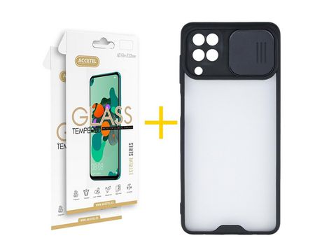 Pack 2 X Protector de Vidrio Templado 2.5D + Funda ACCETEL para Samsung Galaxy A12 4G Gel Protección Cámara Negro