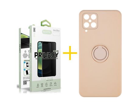 Pack 1 X Protector de Vidrio Templado Anti espía + Funda ACCETEL para Samsung Galaxy A12 4G Gel O-Ring Rosa Pastel