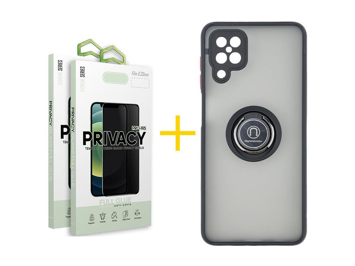 Pack 2 Películas Antiespia + Funda SKYHE para Samsung Galaxy A12 5G Gel Bumper con Anillo Negro