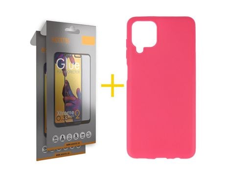 Pack 2 X Protector de Vidrio Templado Full + Funda ACCETEL para Samsung Galaxy M22 Silicona Liso Rosa