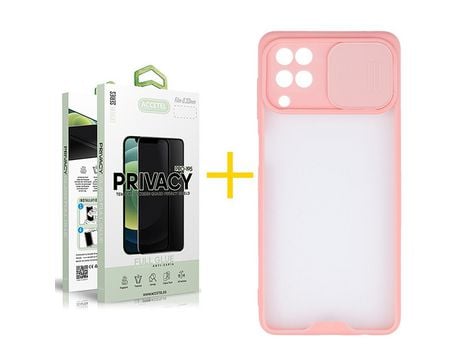 Pack 1 X Protector de Vidrio Templado Anti espía + Funda ACCETEL para Samsung Galaxy A12 4G Gel Protección Cámara Rosa