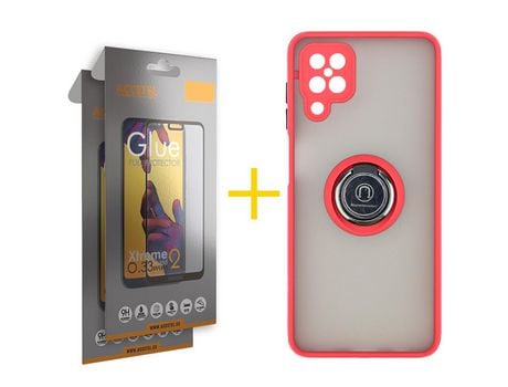 Pack 2 X Protector de Vidrio Templado Full + Funda ACCETEL para Samsung Galaxy A12 5G Gel Bumper con Anillo Rojo