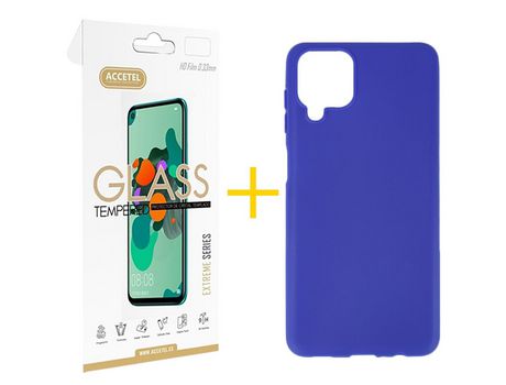 Pack 1 X Protector de Vidrio Templado 2.5D + Funda ACCETEL para Samsung Galaxy M22 Silicona Liso Azul