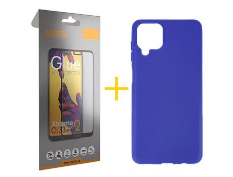 Pack 1 X Protector de Vidrio Templado Full + Funda ACCETEL para Samsung Galaxy M22 Silicona Liso Azul
