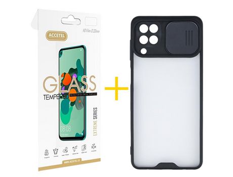 Pack 1 X Protector de Vidrio Templado 2.5D + Funda ACCETEL para Samsung Galaxy A12 5G Gel Protección Cámara Negro