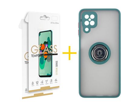 Pack 2 Películas 2.5D + Funda SKYHE para Samsung Galaxy M12 Gel Bumper con Anillo Verde