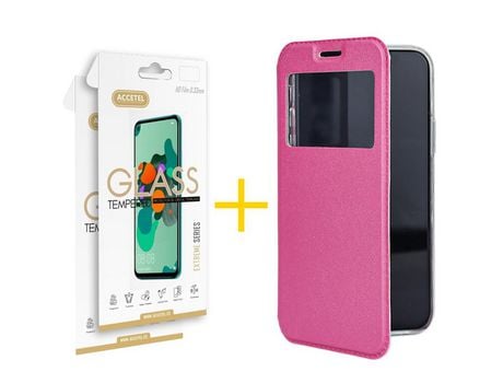 Juego 2 X Película de Vidrio Templado 2.5D y Funda ACCETEL por Apple iPhone 14 Flip Cover Gandy Rosa