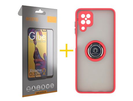 Pack 1 X Protector de Vidrio Templado Full + Funda ACCETEL para Samsung Galaxy A12 5G Gel Bumper con Anillo Rojo