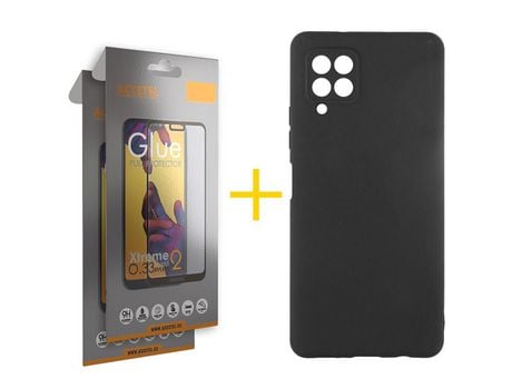 Pack 2 X Protector de Vidrio Templado Full + Funda ACCETEL para Samsung Galaxy M22 Silicona Líquida Negro