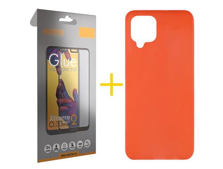 Pack 1 X Protector de Vidrio Templado Full + Funda ACCETEL para Samsung Galaxy M22 Silicona Liso Rojo