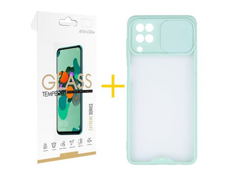 Pack 1 Película 2.5D + Funda SKYHE para Samsung Galaxy M22 Gel Protteción Cámara Verde-Mar