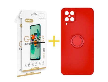 Pack 2 X Protector de Vidrio Templado 2.5D + Funda ACCETEL para Samsung Galaxy M22 Gel O-Ring Rojo