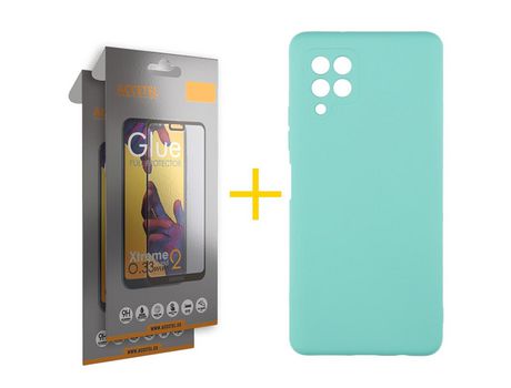 Pack 2 X Protector de Vidrio Templado Full + Funda ACCETEL para Samsung Galaxy A12 4G Silicona Líquida Verde-Agua
