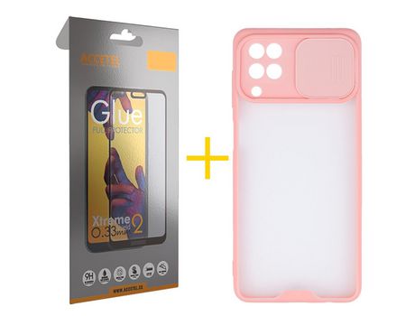 Pack 1 X Protector de Vidrio Templado Full + Funda ACCETEL para Samsung Galaxy A12 4G Gel Protección Cámara Rosa
