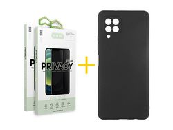 Pack 2 X Protector de Vidrio Templado Anti espía + Funda ACCETEL para Samsung Galaxy A12 4G Silicona Líquida Negro