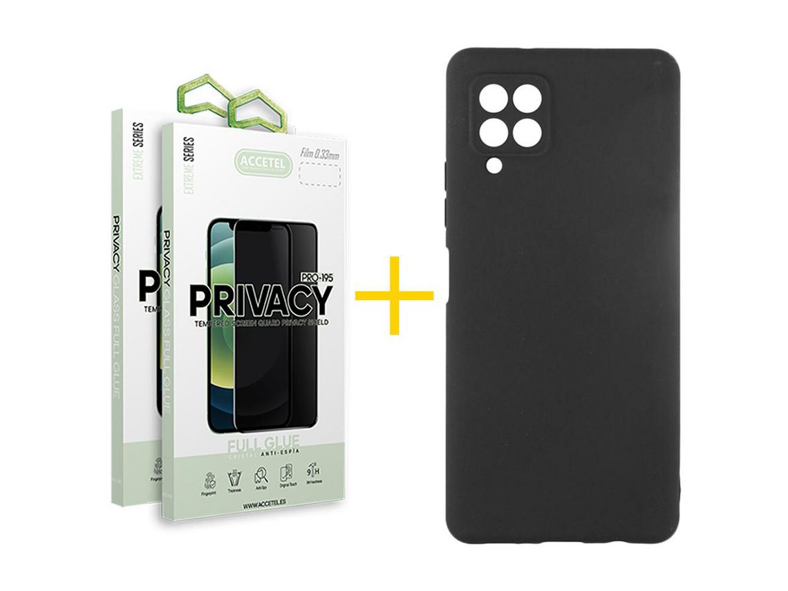 Pack 2 X Protector de Vidrio Templado Anti espía + Funda ACCETEL para Samsung Galaxy A12 4G Silicona Líquida Negro