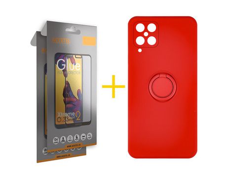 Pack 2 X Protector de Vidrio Templado Full + Funda ACCETEL para Samsung Galaxy M22 Gel O-Ring Rojo