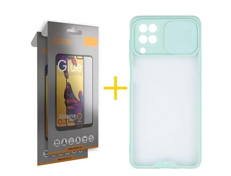 Pack 2 X Protector de Vidrio Templado Full + Funda ACCETEL para Samsung Galaxy A12 5G Gel Protección Cámara Verde-Mar