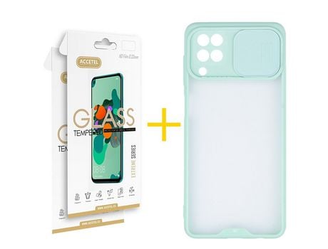 Pack 2 X Protector de Vidrio Templado 2.5D + Funda ACCETEL para Samsung Galaxy A12 4G Gel Protección Cámara Verde-Mar