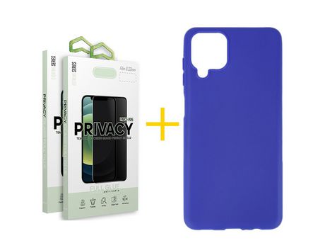 Pack 2 Películas Antiespia + Funda SKYHE para Samsung Galaxy A12 5G Silicona Liso Azul