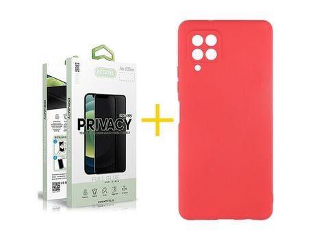Pack 1 X Protector de Vidrio Templado Anti espía + Funda ACCETEL para Samsung Galaxy A12 5G Silicona Líquida Rojo