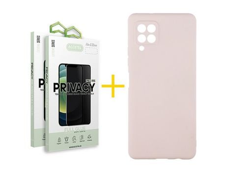 Pack 2 X Protector de Vidrio Templado Anti espía + Funda ACCETEL para Samsung Galaxy A12 4G Silicona Líquida Rosa