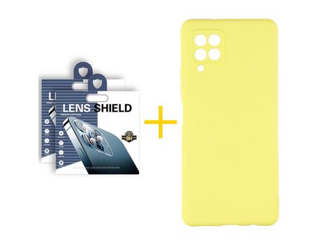 Pack 2 Películas de Cámara trasera + Funda SKYHE para Samsung Galaxy A42 5G Silicona Líquida Amarillo