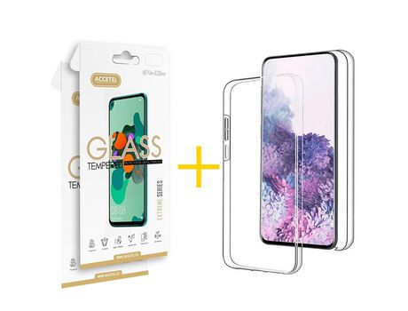 Pack 2 X Protector de Vidrio Templado 2.5D + Funda ACCETEL para Huawei Y6 2019 Dupla 360º Transparente Clear