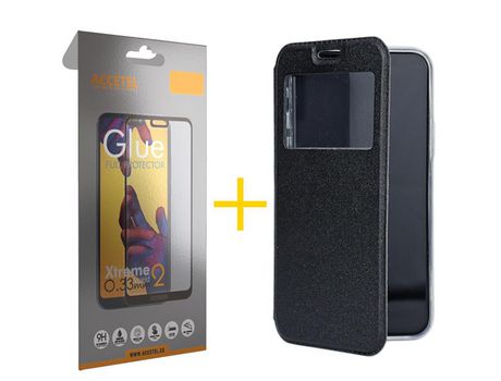 Pack 1 X Protector de Vidrio Templado Full + Funda ACCETEL para Samsung Galaxy A70 Flip Cover Gandy Negro