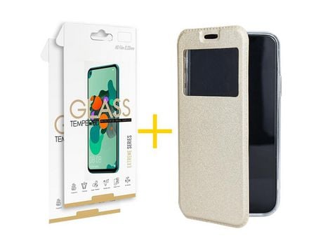 Pack 2 X Película de Vidrio Templado 2.5D + Funda SKYHE por Apple iPhone 15 Flip Cover GANDY Oro