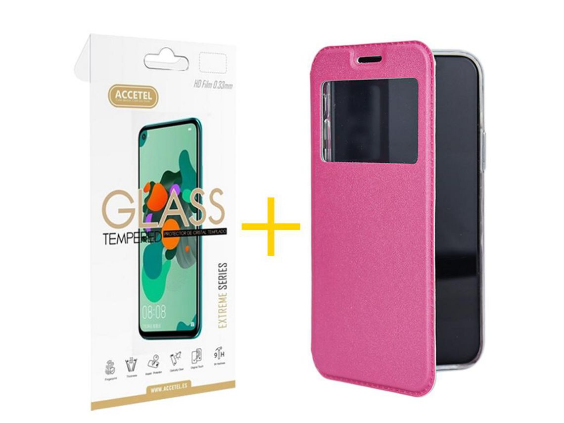 Juego 1 X Película de Vidrio Templado 2.5D + Funda Accetel por Apple iPhone 14 Plus Flip Cover Gandy Rosa