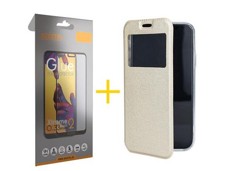 Pack 1 X Protector de Vidrio Templado Full + Funda ACCETEL para Samsung Galaxy A70s Flip Cover Gandy Oro