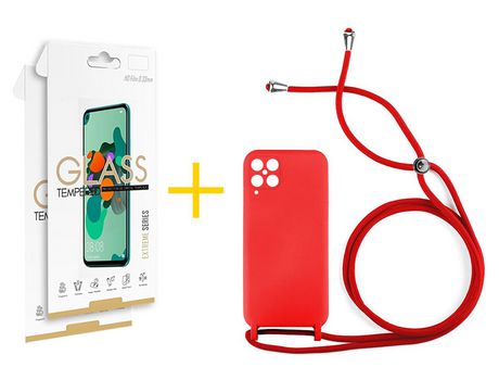 Pack 2 Películas 2.5D + Funda SKYHE para Samsung Galaxy M12 Gel con Cordón Rojo