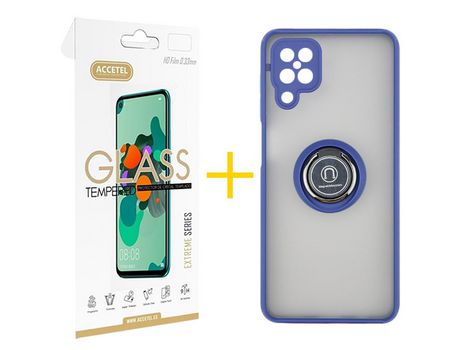 Pack 1 X Protector de Vidrio Templado 2.5D + Funda ACCETEL para Samsung Galaxy A12 4G Gel Bumper con Anillo Azul